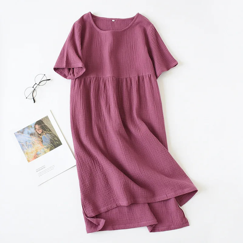 Round Neckline Sleepshirt Short Sleeve Nightgowns Gauze Cotton Nightdress