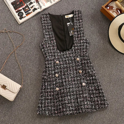 Two Piece Set Overalls Tweed Dress with Chest Ruffles Chiffon Shirt