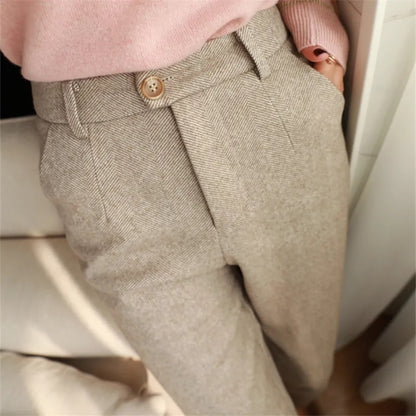 Autumn Winter High Waist Women's Woolen Pencil Trousers