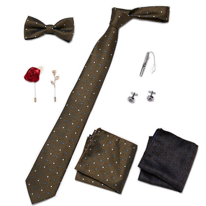 Luxury Bowtie 8 Pcs Tie Set Necktie, Bowtie, 2 Brooches, 2 Cufflinks, and 2 Pocket square