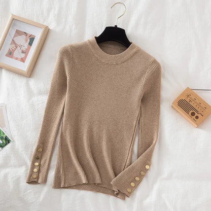 Round Neckline Button Sleeve Sweater