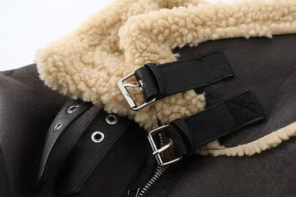 Fur Details Leather Cropped Jacket with Belt