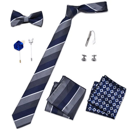 Luxury Bowtie 8 Pcs Tie Set Necktie, Bowtie, 2 Brooches, 2 Cufflinks, and 2 Pocket square