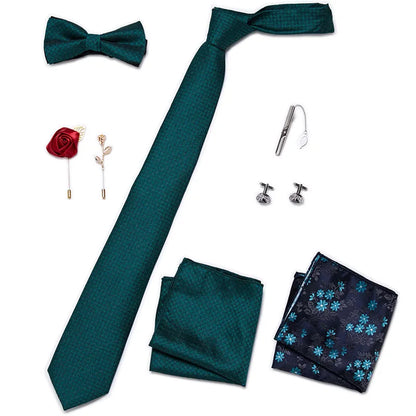 Luxury Bowtie 8 Pcs Tie Set Necktie, Bowtie, 2 Brooches, 2 Cufflinks, and 2 Pocket square