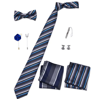 Luxury Bowtie 8 Pcs Tie Set Necktie, Bowtie, 2 Brooches, 2 Cufflinks, and 2 Pocket square