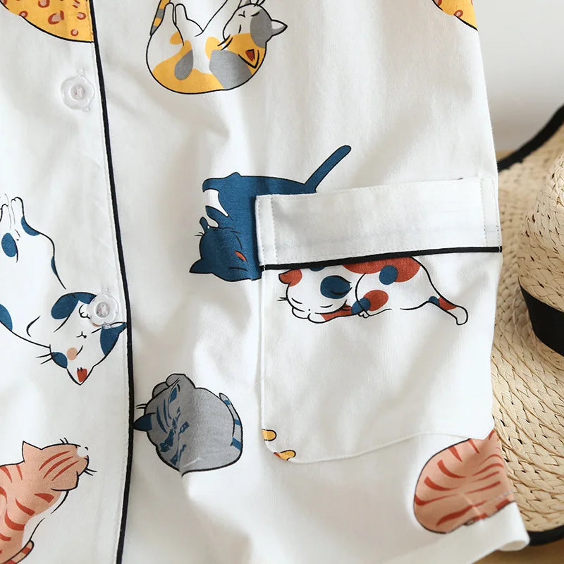 Cats Print 100% Cotton Short Sleeve Shorts Pajama Set