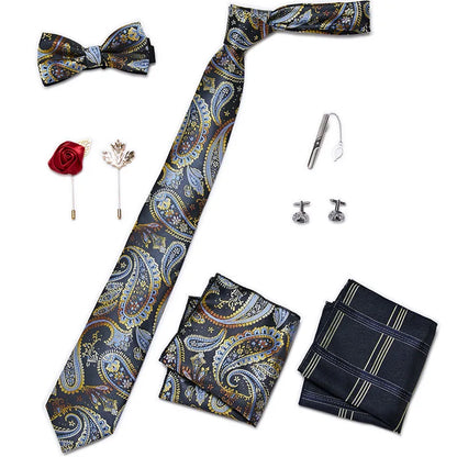 Luxury Bowtie 8 Pcs Tie Set Necktie, Bowtie, 2 Brooches, 2 Cufflinks, and 2 Pocket square