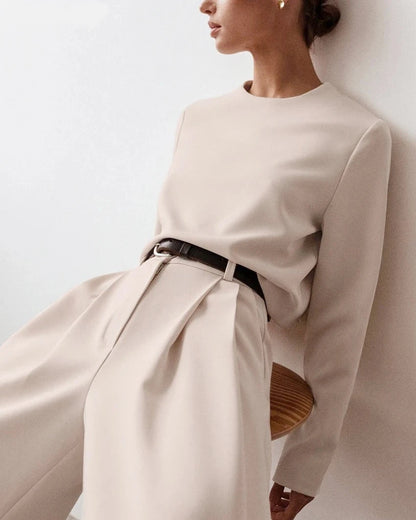 High Waist Wide Leg Suit Tailored Trousers with Long Sleeve Top Set