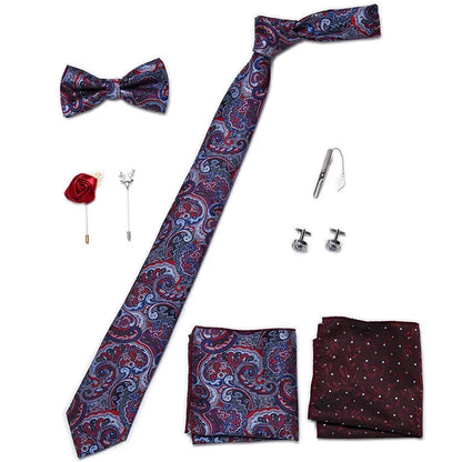 Luxury Bowtie 8 Pcs Tie Set Necktie, Bowtie, 2 Brooches, 2 Cufflinks, and 2 Pocket square