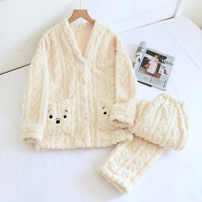 Autumn Winter Flannel Couples Matching Pajamas - V Neckline Jacket and Trousers Pajama Set