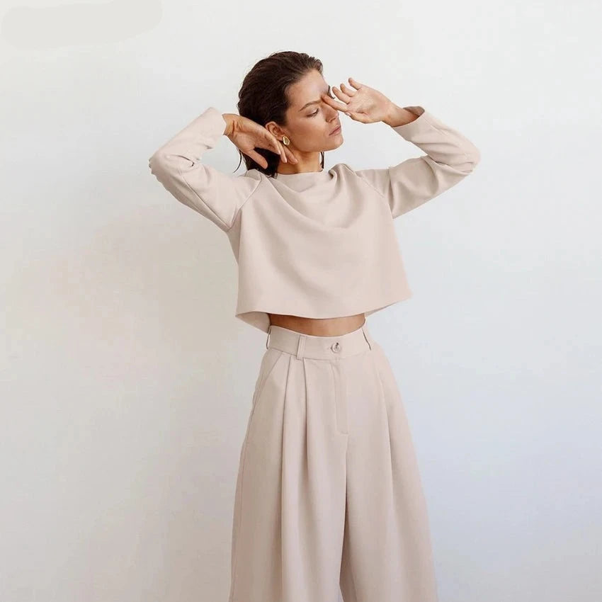 High Waist Wide Leg Suit Tailored Trousers with Long Sleeve Top Set