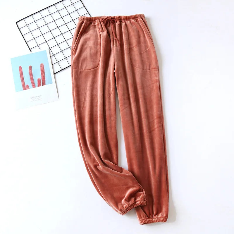 Autumn Winter Velvet Pajama Bottoms - Flannel Pajama Trousers with Pockets