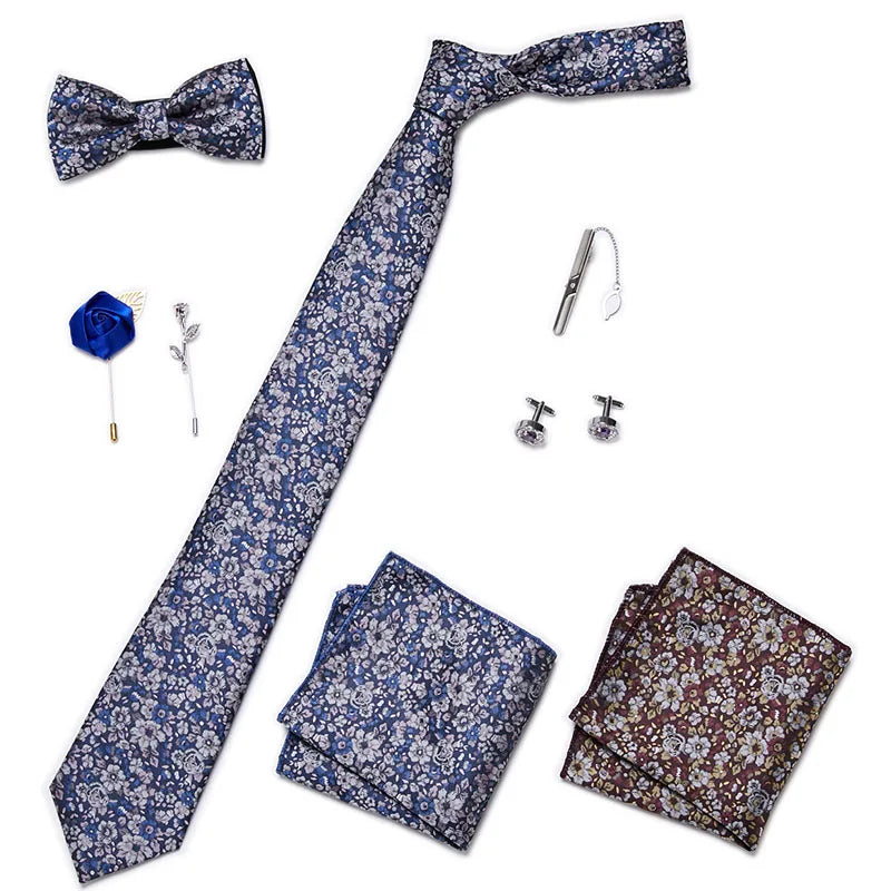 Luxury Bowtie 8 Pcs Tie Set Necktie, Bowtie, 2 Brooches, 2 Cufflinks, and 2 Pocket square