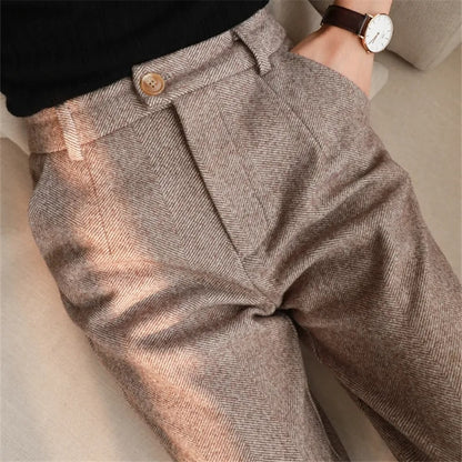 Autumn Winter High Waist Women's Woolen Pencil Trousers