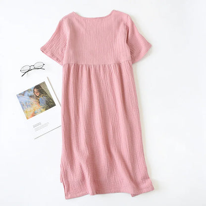 Round Neckline Sleepshirt Short Sleeve Nightgowns Gauze Cotton Nightdress