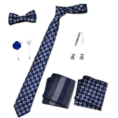 Luxury Bowtie 8 Pcs Tie Set Necktie, Bowtie, 2 Brooches, 2 Cufflinks, and 2 Pocket square