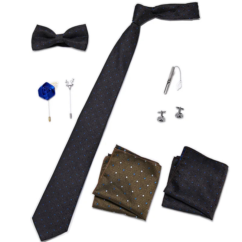 Luxury Bowtie 8 Pcs Tie Set Necktie, Bowtie, 2 Brooches, 2 Cufflinks, and 2 Pocket square