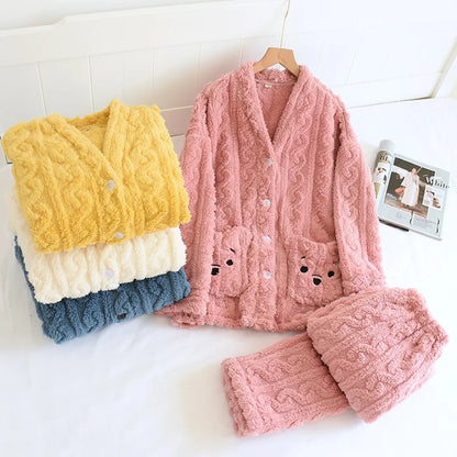 Autumn Winter Flannel Couples Matching Pajamas - V Neckline Jacket and Trousers Pajama Set