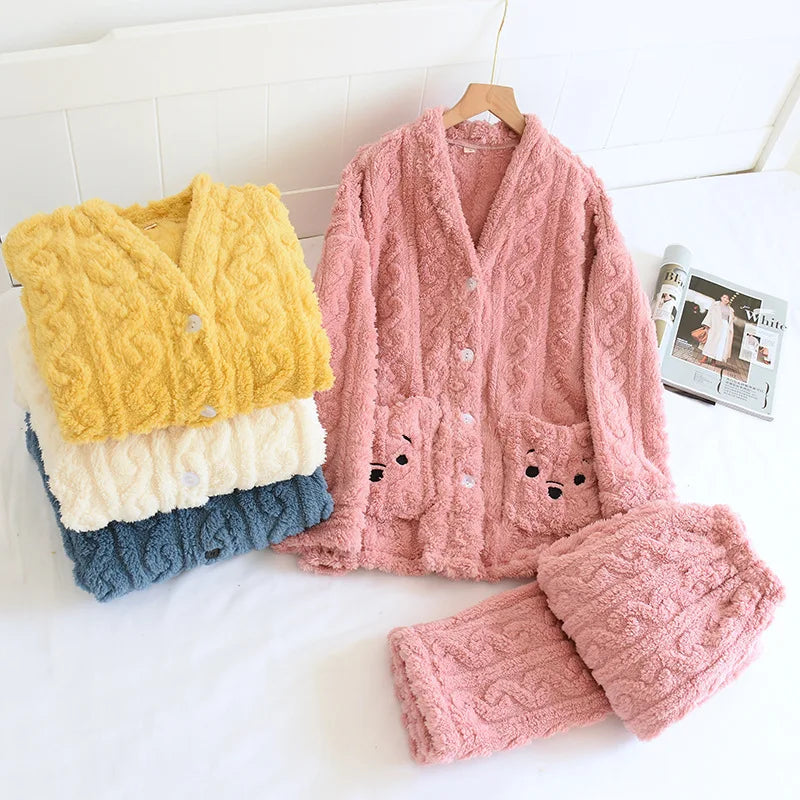 Autumn Winter Flannel Couples Matching Pajamas - V Neckline Jacket and Trousers Pajama Set