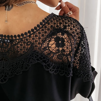 Loose Cut Boat Neckline Lace Details Wide 2/3 Sleeve Blouse