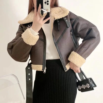 Fur Details Leather Cropped Jacket with Belt