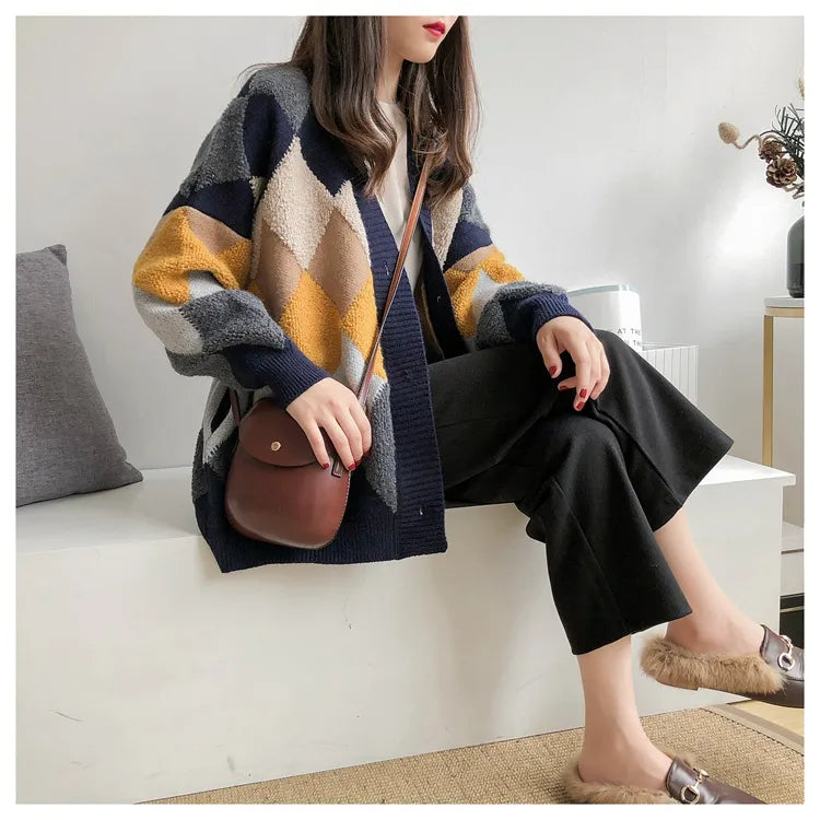 Buttoned Puff Sleeve Over Size Cardigan