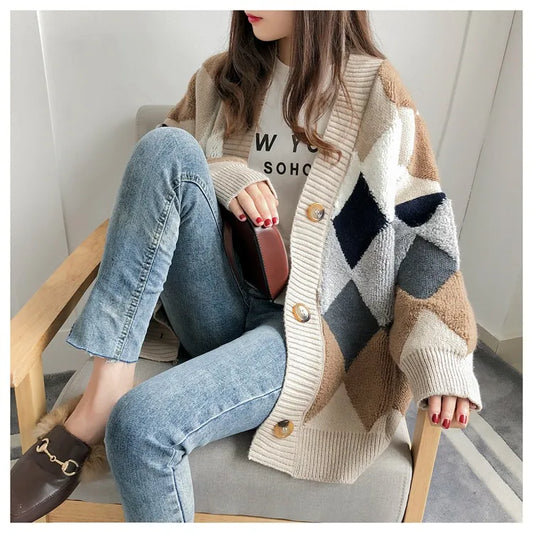 Buttoned Puff Sleeve Over Size Cardigan