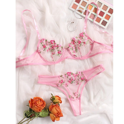 Floral Embroidery Lingerie Set Lace Bra and Thong Set