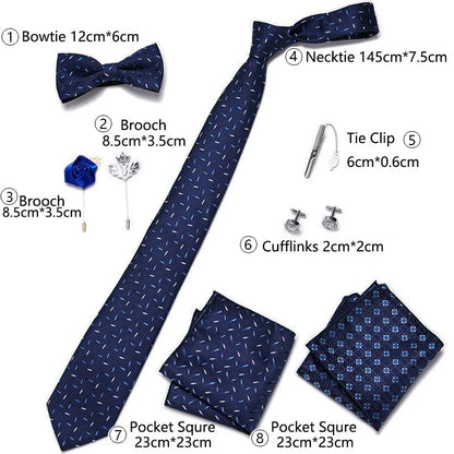 Luxury Bowtie 8 Pcs Tie Set Necktie, Bowtie, 2 Brooches, 2 Cufflinks, and 2 Pocket square