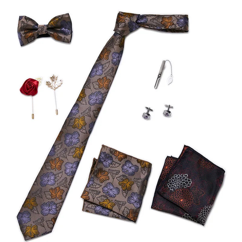 Luxury Bowtie 8 Pcs Tie Set Necktie, Bowtie, 2 Brooches, 2 Cufflinks, and 2 Pocket square