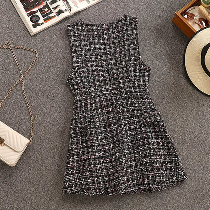 Two Piece Set Overalls Tweed Dress with Chest Ruffles Chiffon Shirt