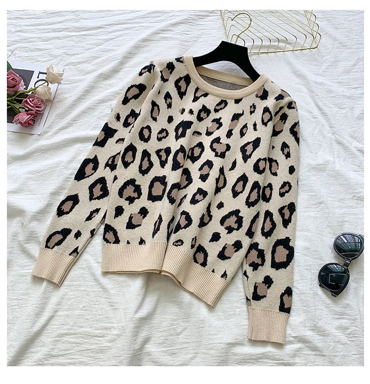 Knit Two Pieces Leopard Sweaters with Elastic Waist Trousers Set