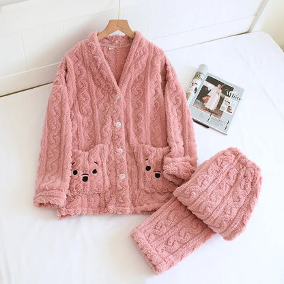 Autumn Winter Flannel Couples Matching Pajamas - V Neckline Jacket and Trousers Pajama Set