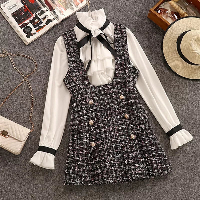 Two Piece Set Overalls Tweed Dress with Chest Ruffles Chiffon Shirt