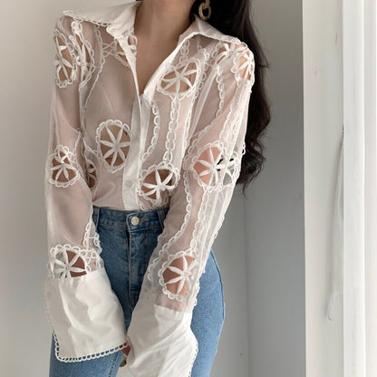 Women's Long Sleeve Sheer Embroidery White Blouse Button Up Cut Out Shirt