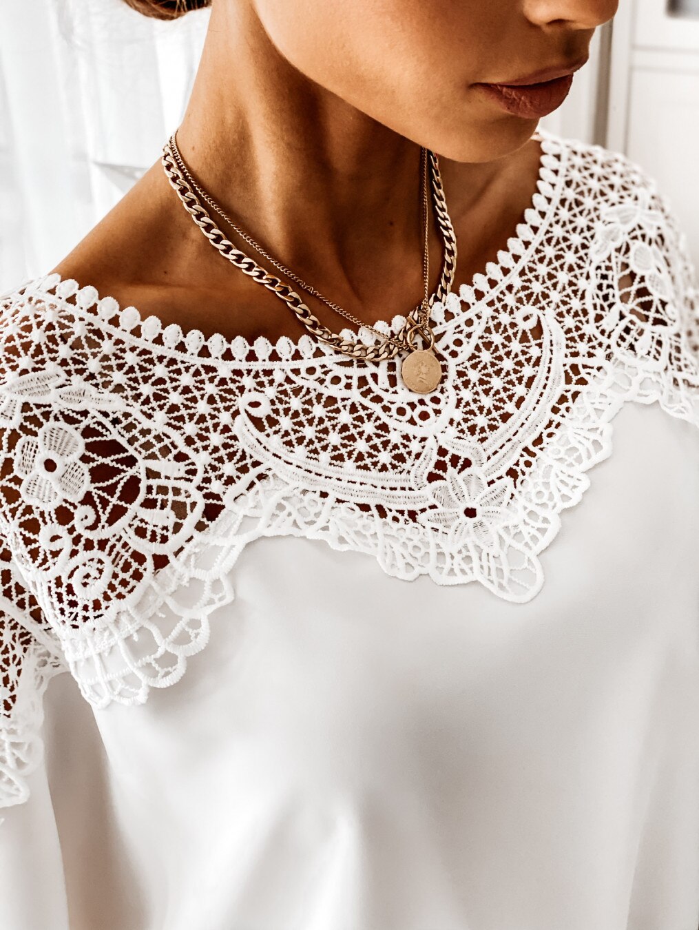 Loose Cut Boat Neckline Lace Details Wide 2/3 Sleeve Blouse