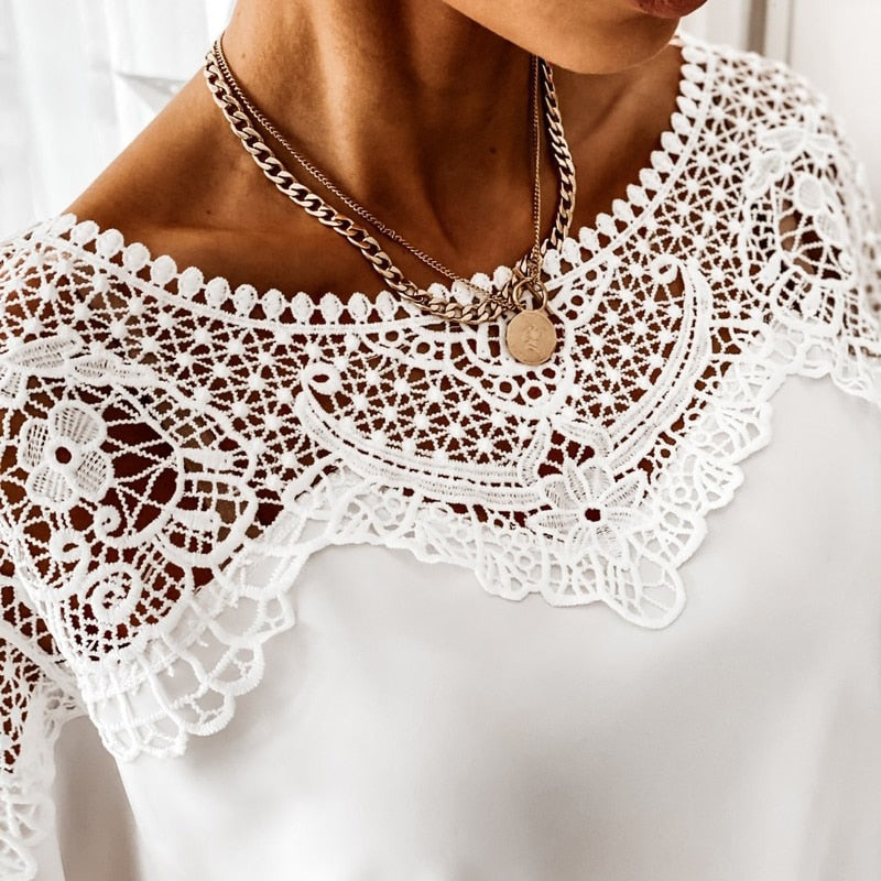 Loose Cut Boat Neckline Lace Details Wide 2/3 Sleeve Blouse