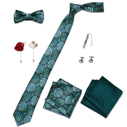 Luxury Bowtie 8 Pcs Tie Set Necktie, Bowtie, 2 Brooches, 2 Cufflinks, and 2 Pocket square