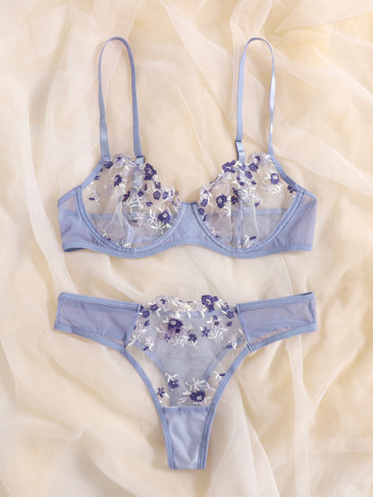 Floral Embroidery Lingerie Set Lace Bra and Thong Set