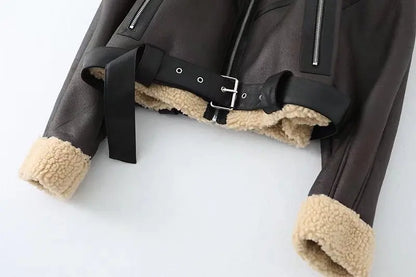 Fur Details Leather Cropped Jacket with Belt