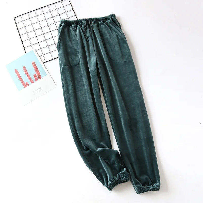 Autumn Winter Velvet Pajama Bottoms - Flannel Pajama Trousers with Pockets