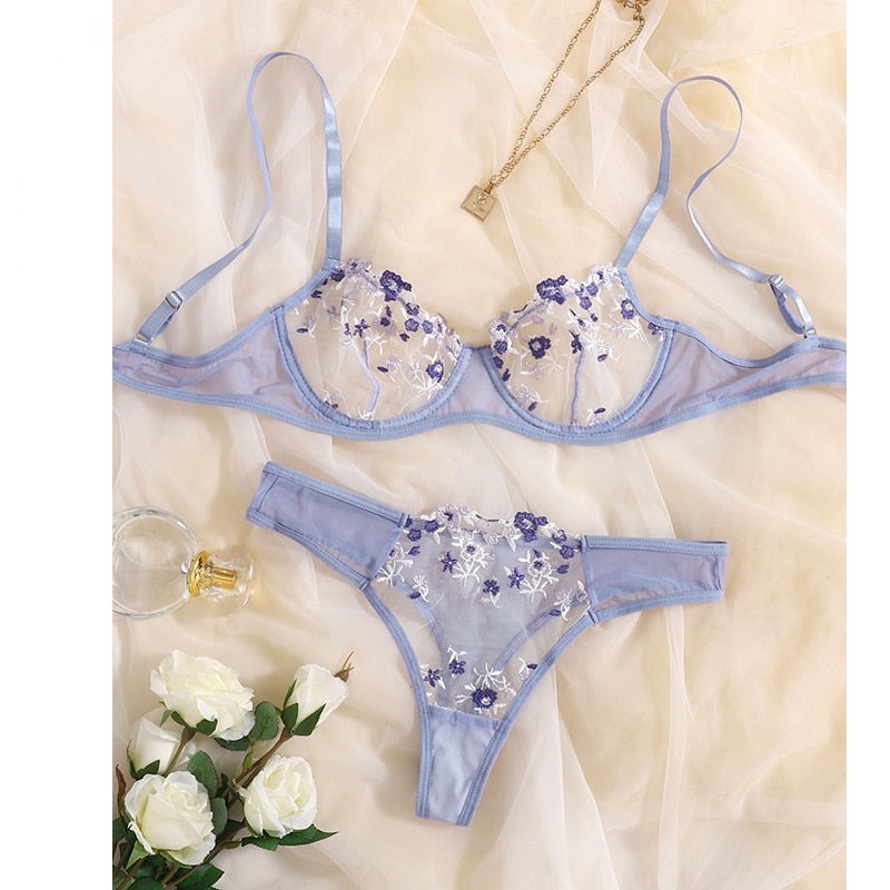 Floral Embroidery Lingerie Set Lace Bra and Thong Set