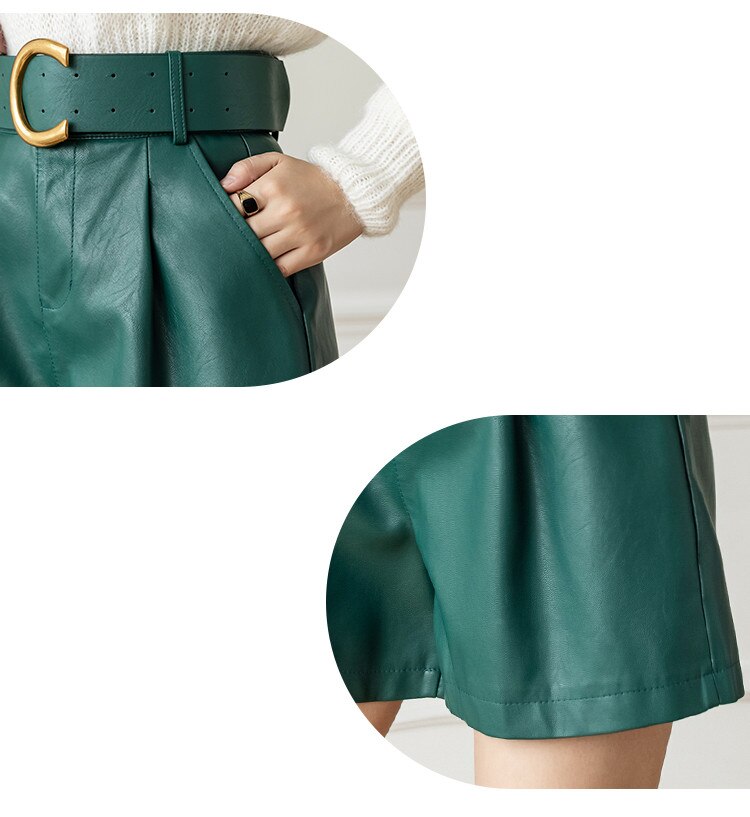 Women's Leather High Waist Shorts with Belt