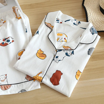 Cats Print 100% Cotton Short Sleeve Shorts Pajama Set