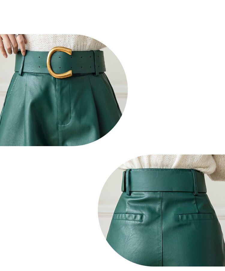 Women's Leather High Waist Shorts with Belt