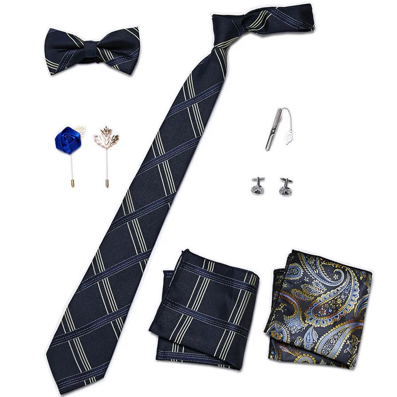 Luxury Bowtie 8 Pcs Tie Set Necktie, Bowtie, 2 Brooches, 2 Cufflinks, and 2 Pocket square