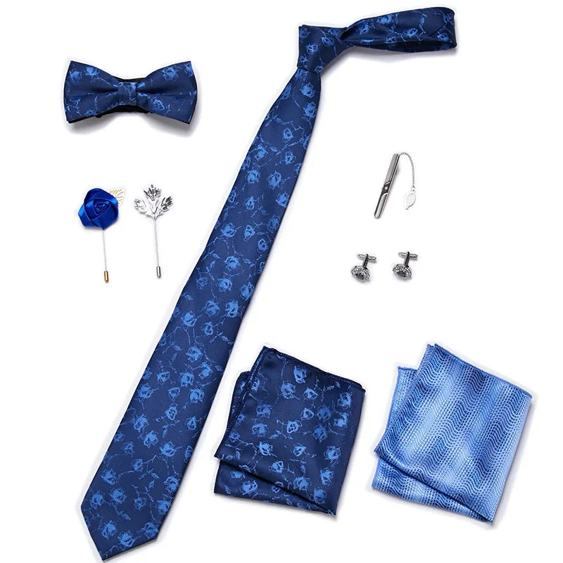 Luxury Bowtie 8 Pcs Tie Set Necktie, Bowtie, 2 Brooches, 2 Cufflinks, and 2 Pocket square