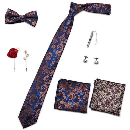 Luxury Bowtie 8 Pcs Tie Set Necktie, Bowtie, 2 Brooches, 2 Cufflinks, and 2 Pocket square