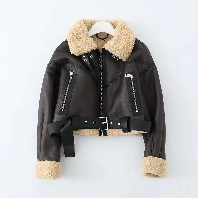 Fur Details Leather Cropped Jacket with Belt