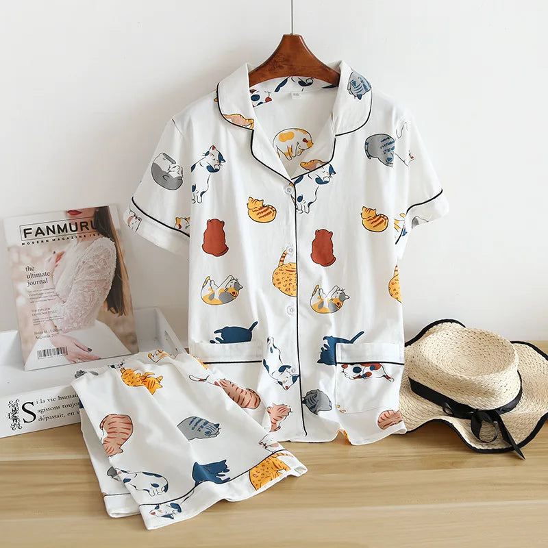 Cats Print 100% Cotton Short Sleeve Shorts Pajama Set